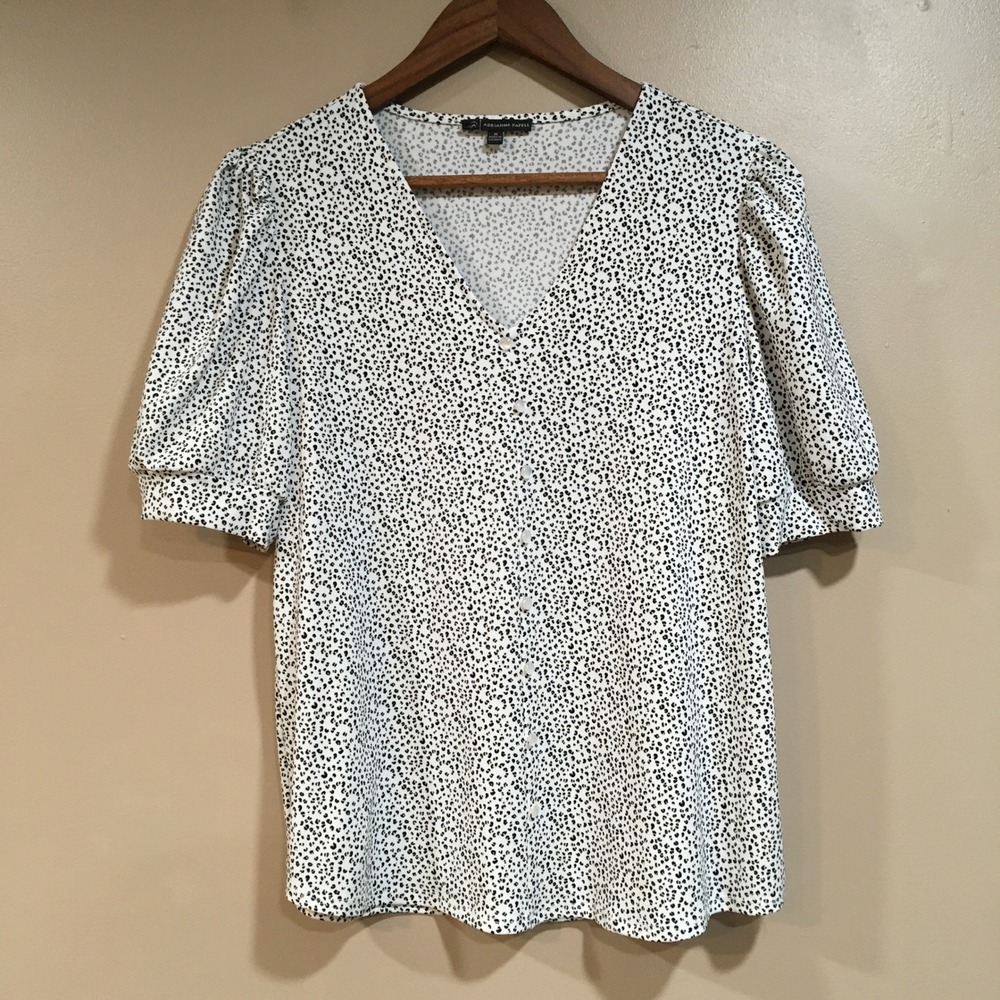 Adrianna Papell Puff Sleeve Button Up Blouse Womens M White Black Cheetah Animal